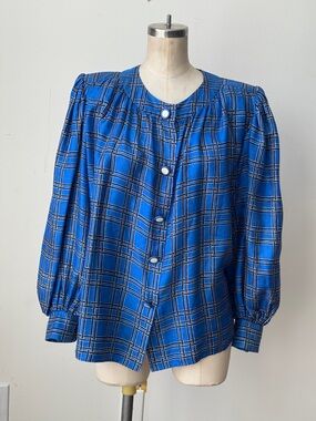 Yves Saint Laurent Blue Plaid Button-Front Blouse